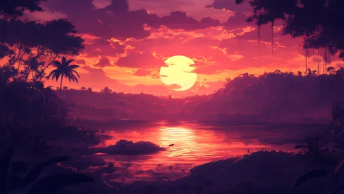 Crimson jungle sunset over still reflective river horizon.