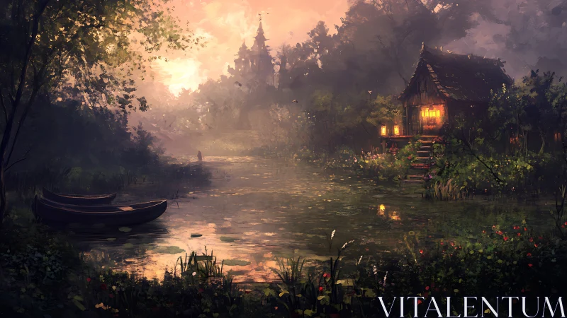 Twilight forest cabin beside reflective pond in digital painting.