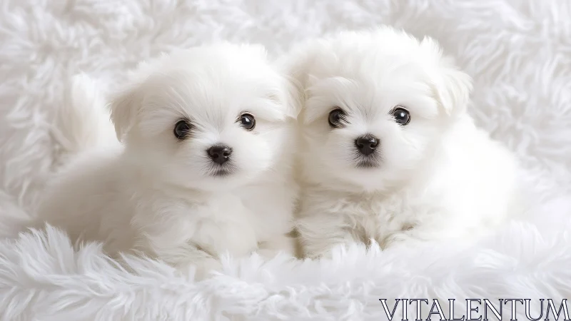 High-key portrait of twin white fluffy puppies on fur blanket