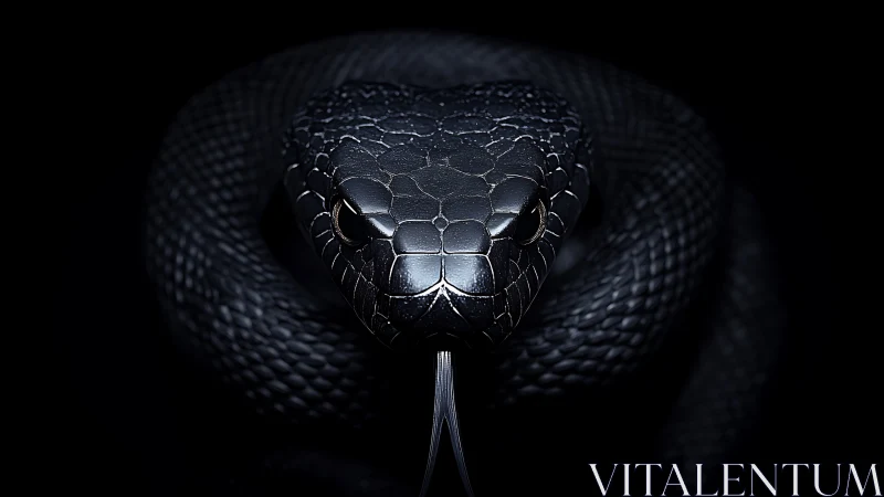 Coiled black snake in dark studio lighting close view.