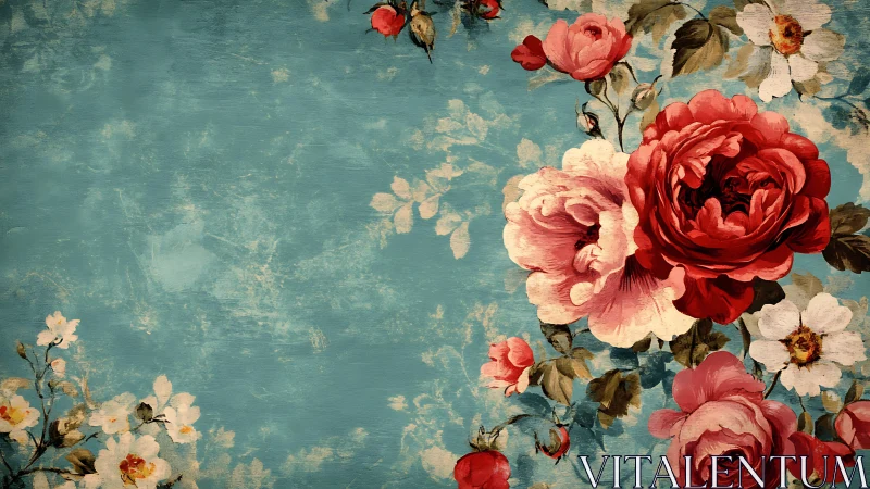 Digital floral vignette on distressed teal canvas ground.