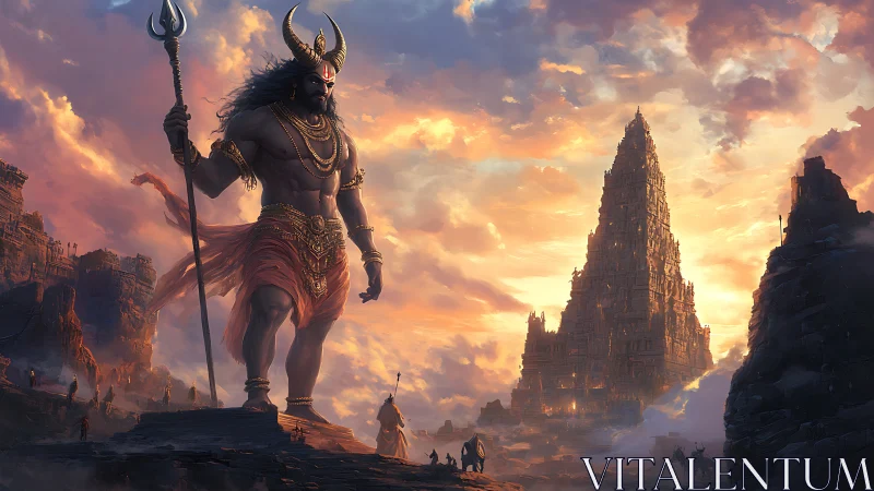 Colossal horned deity dominates mythic temple skyline at dusk