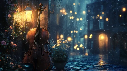 Wet cello under lantern in rain-soaked cobblestone alleyway
