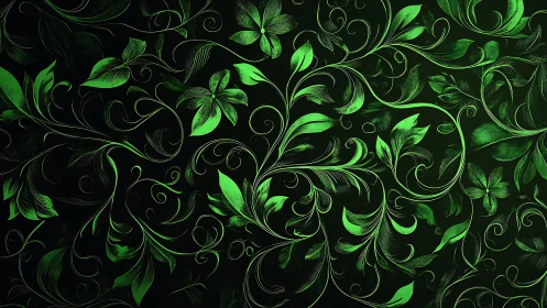 Intricate green floral scrollwork pattern on dark gradient background