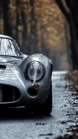 Silver classic sports car on wet forest lane at dusk.