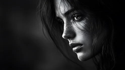 Shadowlit gaze of a freckled muse in silvery monochrome.