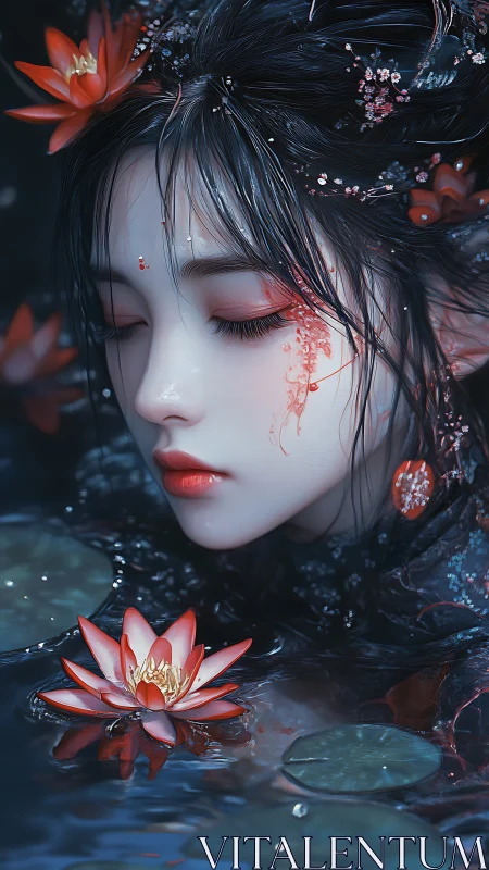 Female figure with closed eyes is partially submerged in water