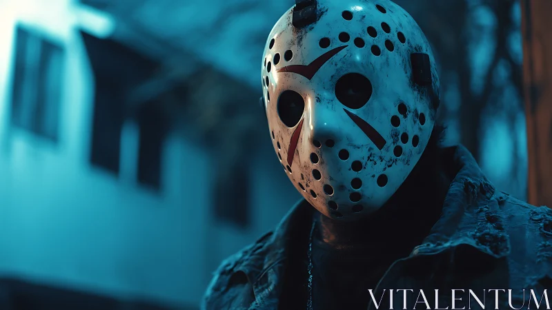 Hockey mask drifter haunts a neon-soaked twilight alleyway.