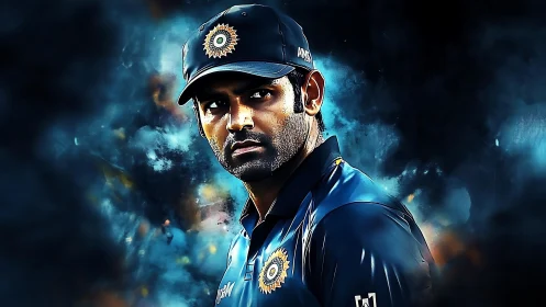 Indian cricket player portrait in blue jersey and cap.