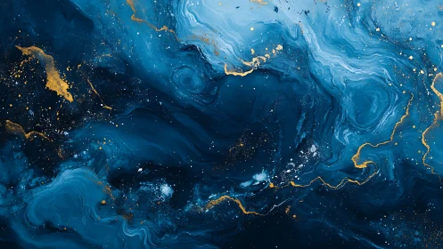 Abstract fluid blue marbling with metallic gold veining accents.