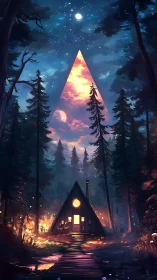 Cabin lights whisper while a cosmic triangle parts the sky