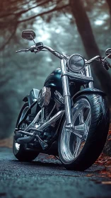 Custom chrome motorcycle glows on a misty forest road.