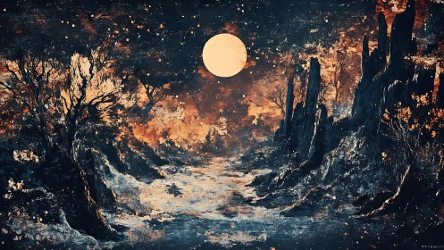 Moonlit river flows between jagged cliffs and sparse trees