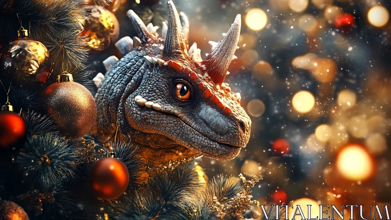 3D dragon portrait nested in luminous Christmas bokeh field.