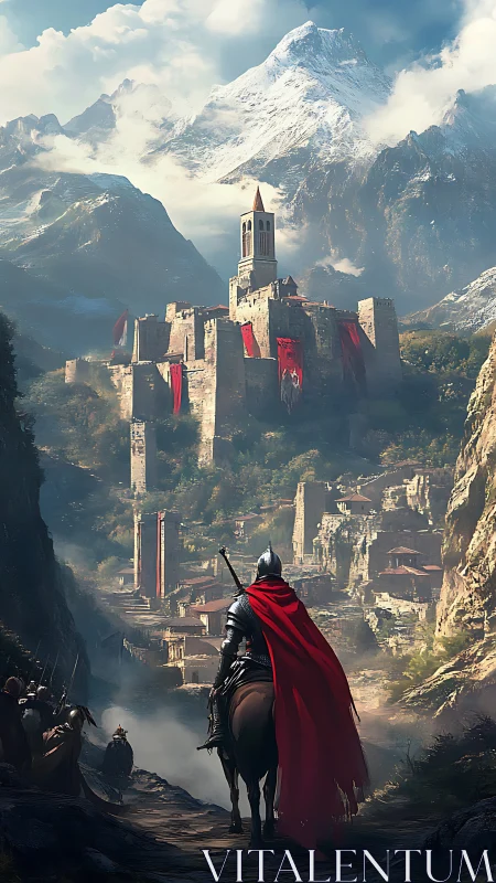 Knight approaches mountain fortress under snowcapped peaks.