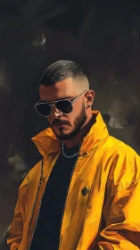 Man in yellow jacket and sunglasses against dark backdrop.