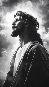 Radiant-robed savior gazes upward through stormlit clouds