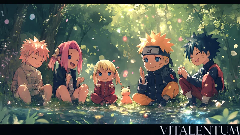 Forest glade tableau of stylized children in luminous anime light.