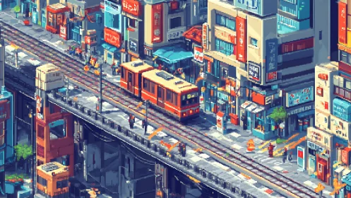 Isometric pixel cityscape with elevated tram and dense signage.