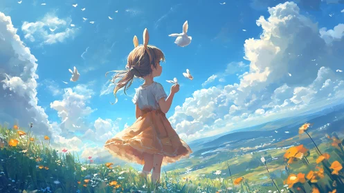 Girl with rabbit ears under bright clouds on wildflower hill.