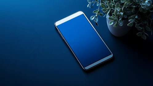 Premium Smartphone with Edge-to-Edge Display on Gradient Deep Blue Surface.