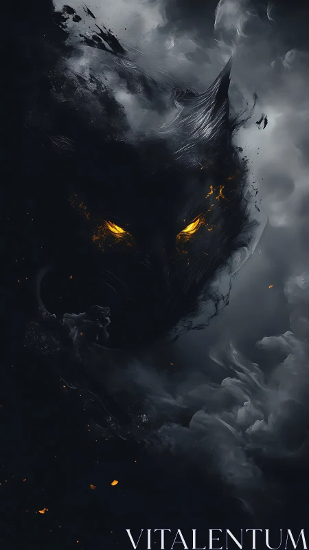 Ember-eyed shadow wolf coiled in storm-torn nightfall.