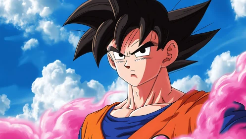 Resolute spiky haired warrior amid vivid pink aura clouds.