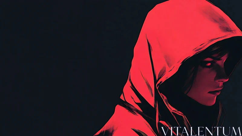 Crimson hood carves a quiet silhouette from the shadows