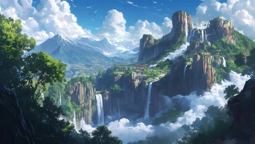 Layered mountain waterfalls with elevated shrine above cloud sea