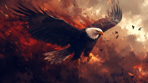 Majestic Bald Eagle Flying Through Fiery Sky in Digital Art.