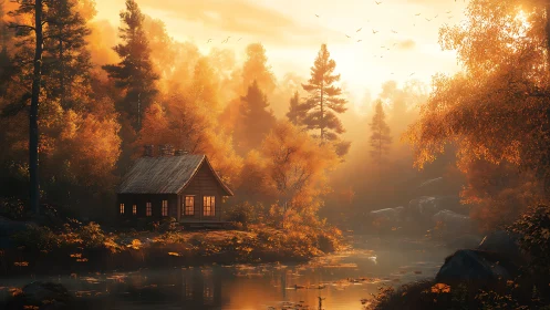 Cabin beside calm river in dense autumn forest at sunset.