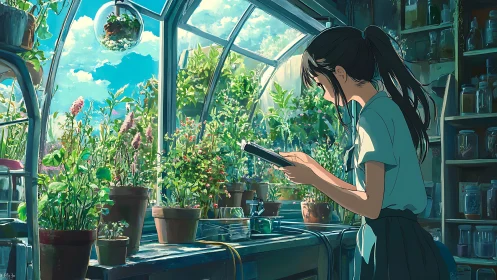 Sunlit greenhouse study with girl reading quietly at bench.