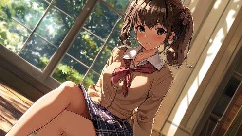 Anime schoolgirl in sunlit classroom by large windows.
