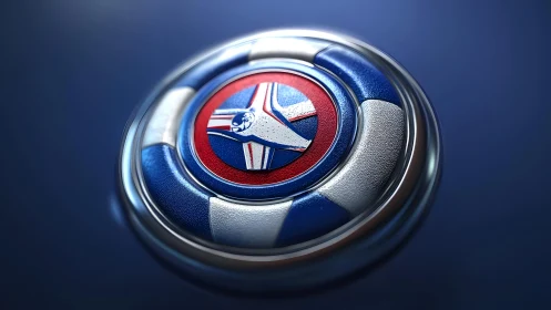 Futuristic Blue and Red Emblem with Metallic Texture in 3D Style.