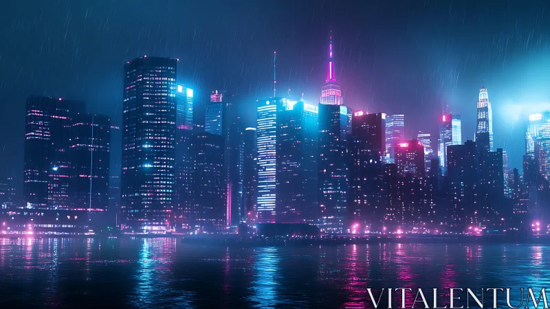 Neon soaked city skyline glows gently across the rainy bay