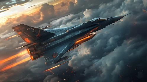Futuristic fighter jet slices through storm-lit clouds at dusk.