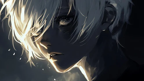 Brooding white haired anime boy in dramatic side light.