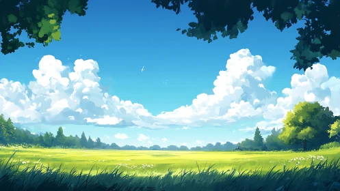 Sunny green meadow under bright blue sky with clouds.