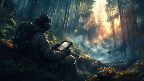 Soldier monitors digital tablet in sunlit forest clearing