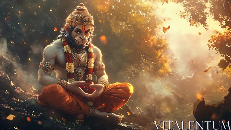 Serene monkey sage resting in golden forest light.