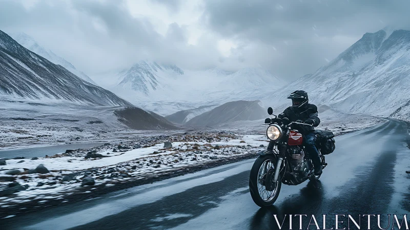 Lone motorcyclist rides through a stark frozen mountain pass