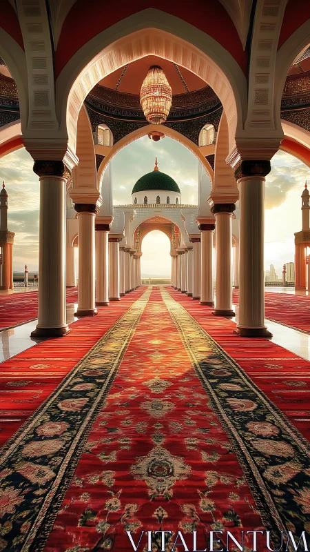 Interior colonnade of mosque with dome and red carpeted hall.