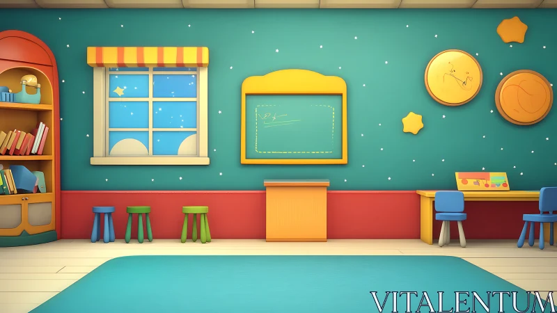 Color-rich kindergarten classroom interior with playful decor.