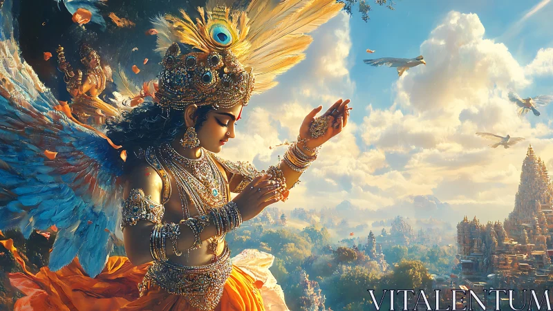 Celestial dancer draped in jeweled wings above golden temples.