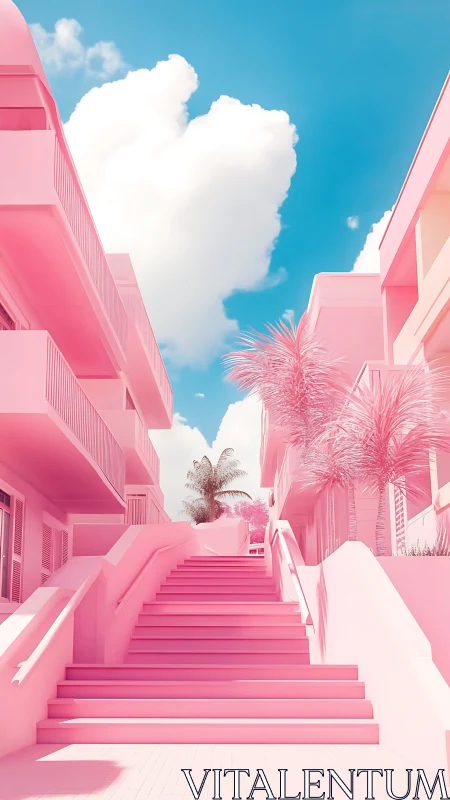 Pink Minimalist Urban Plaza with Staircase to Sky.