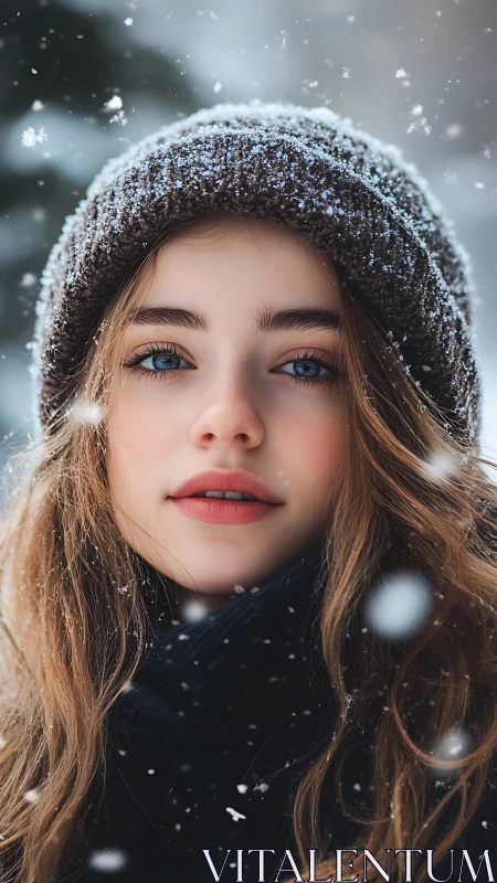 Young person in winter clothing with falling snowflakes.