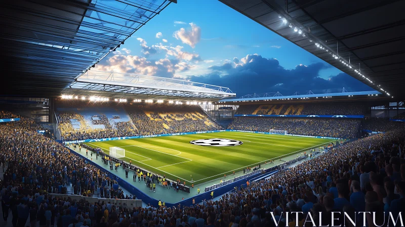 Floodlit football stadium packed with fans at dusk.