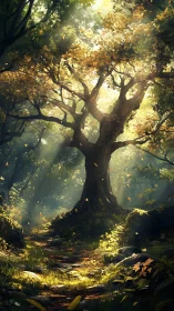 Luminescent Forest Sanctuary: Ancient Treehouse Beneath Golden Canopy