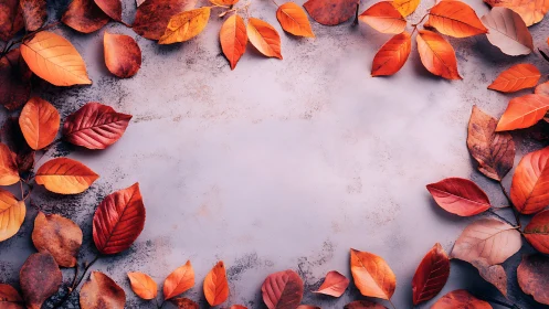 Autumn leaves border on textured concrete background.