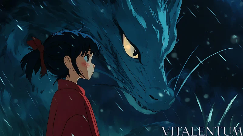 Girl in red coat confronts luminous dragon spirit in rain.